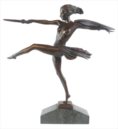 Female Warrior Bronze Sculpture On Marble Base